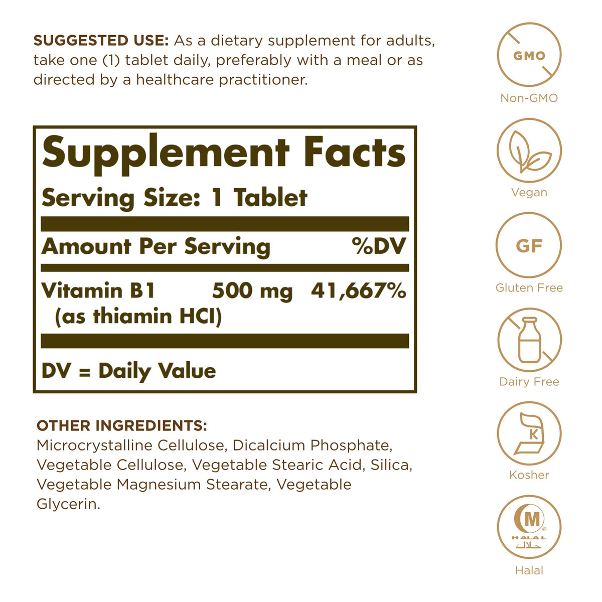 Comprimés de Solgar Vitamine B1 500mg sur une table