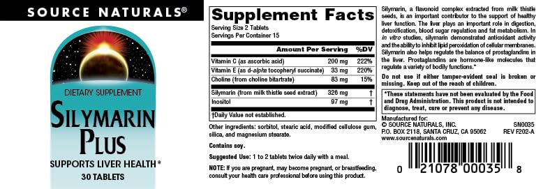 Comprimés de Source Naturals Silymarin Plus sur un fond blanc