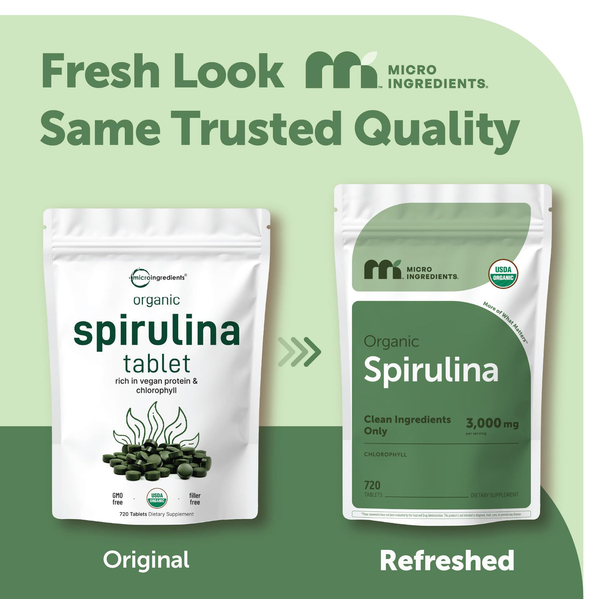 Comprimés de Spiruline Bio Micro Ingredients sur fond blanc