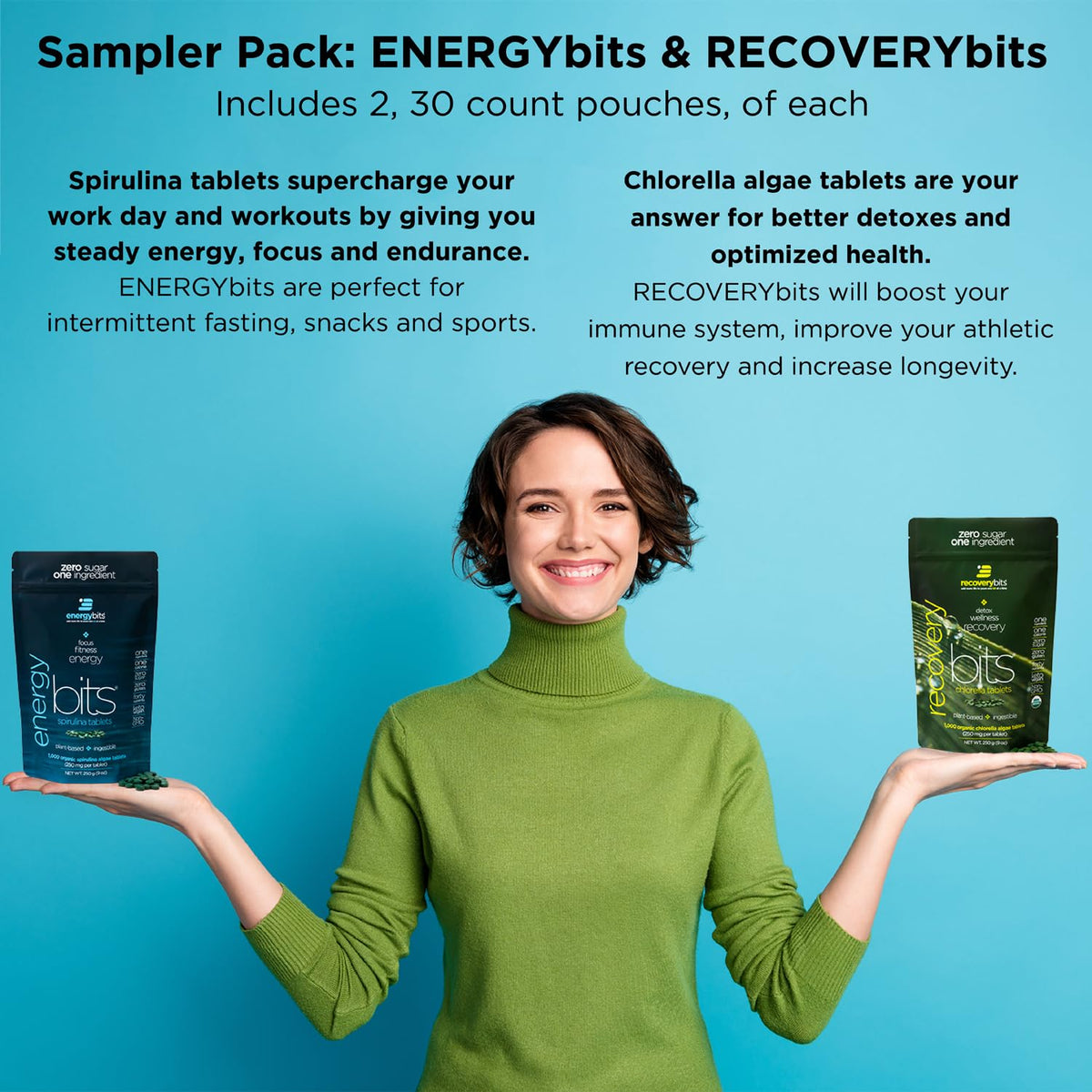 Comprimés de Spiruline ENERGYbits sur fond blanc