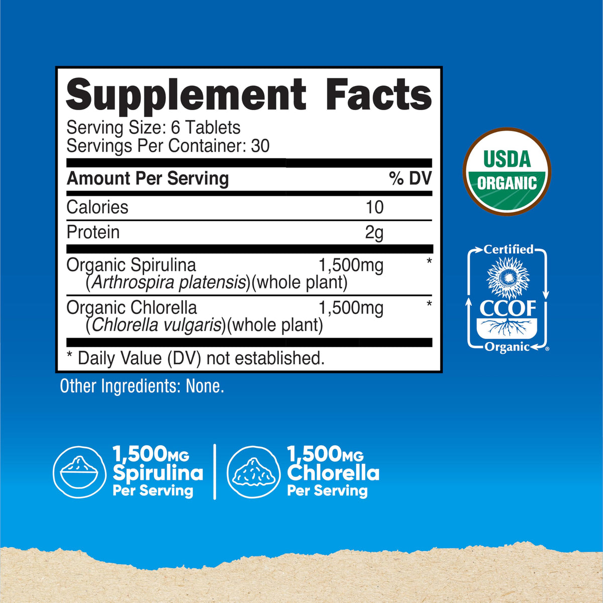 Comprimés de Spiruline et Chlorelle Nutricost sur fond blanc