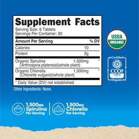 Comprimés de Spiruline et Chlorelle Nutricost sur fond blanc