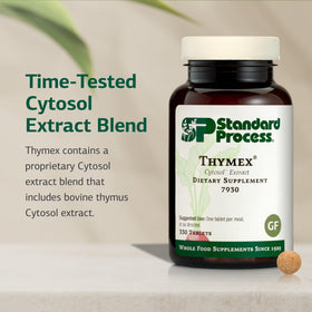 Comprimés de Standard Process Thymex sur une surface blanche