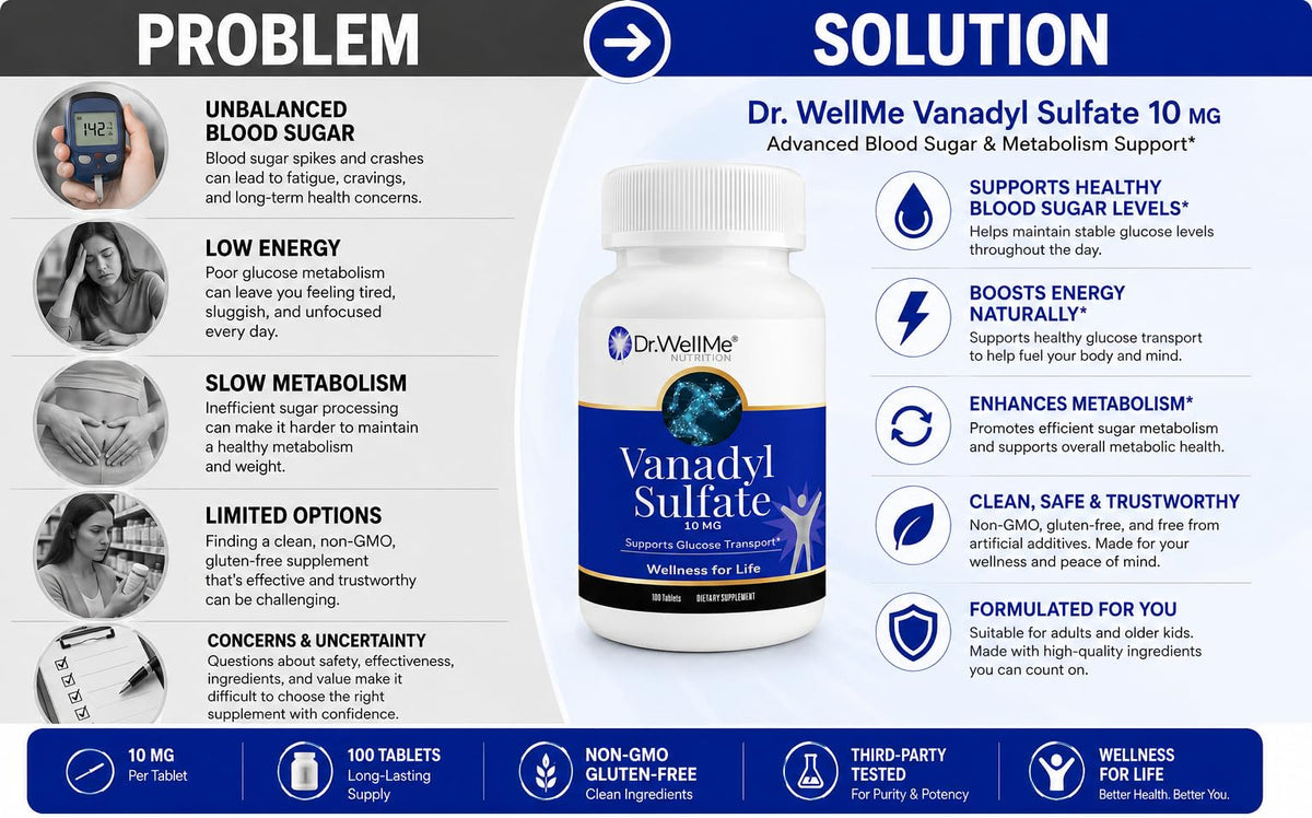 Comprimés de sulfate de vanadium 10mg de DR WELLME NUTRITION sur fond blanc