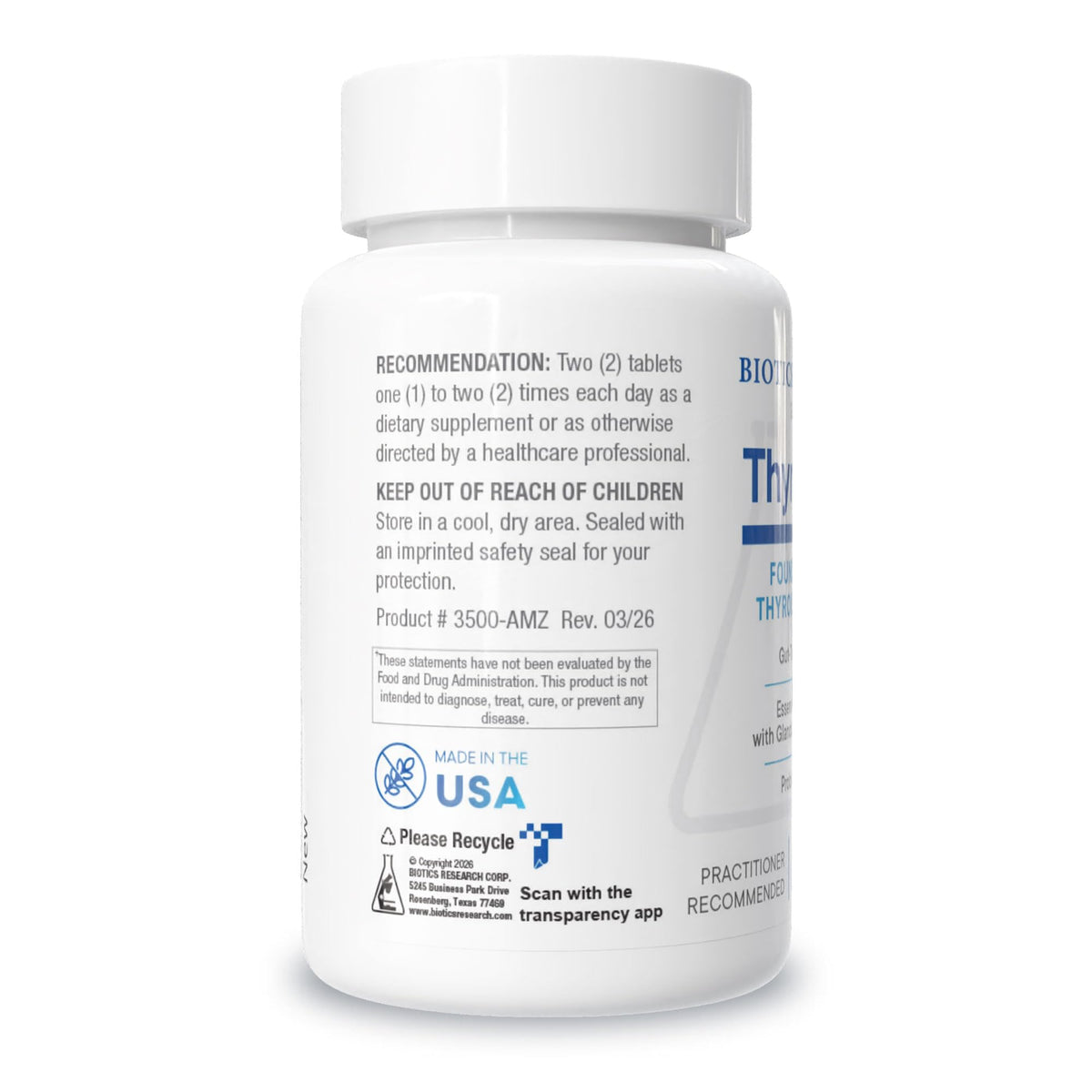 Comprimés de Thyrostim™ de BIOTICS RESEARCH sur une surface blanche
