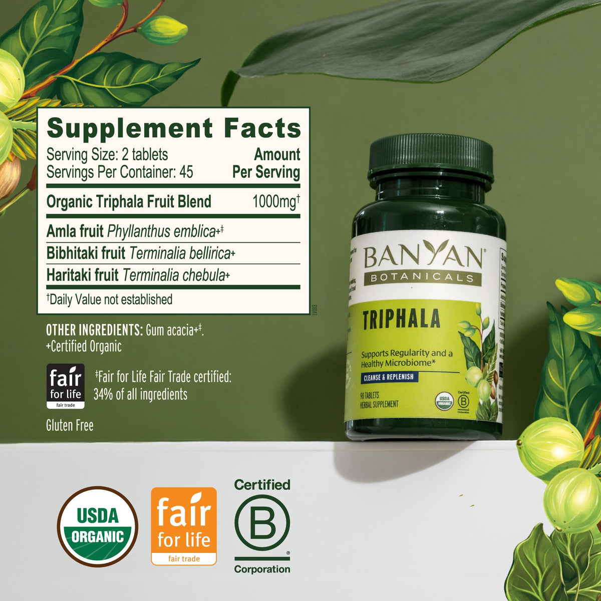 Comprimés de Triphala Bio de Banyan Botanicals sur une surface en bois
