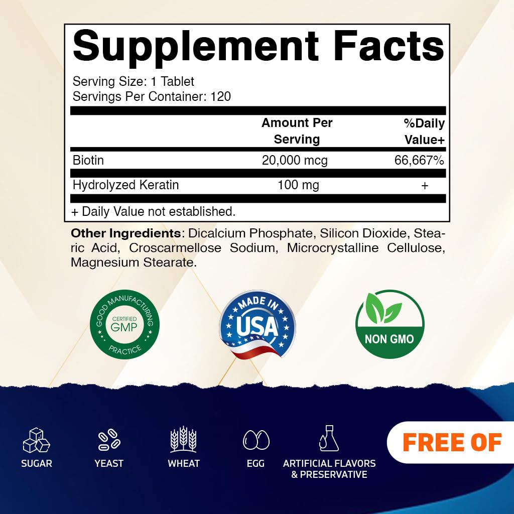 Comprimés de Vitamatic Biotine 20 000 mcg en gros plan