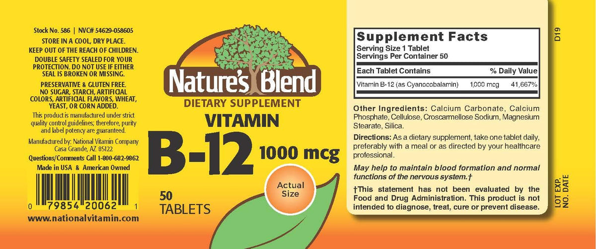 Comprimés de vitamine B12 Nature's Blend sur fond blanc