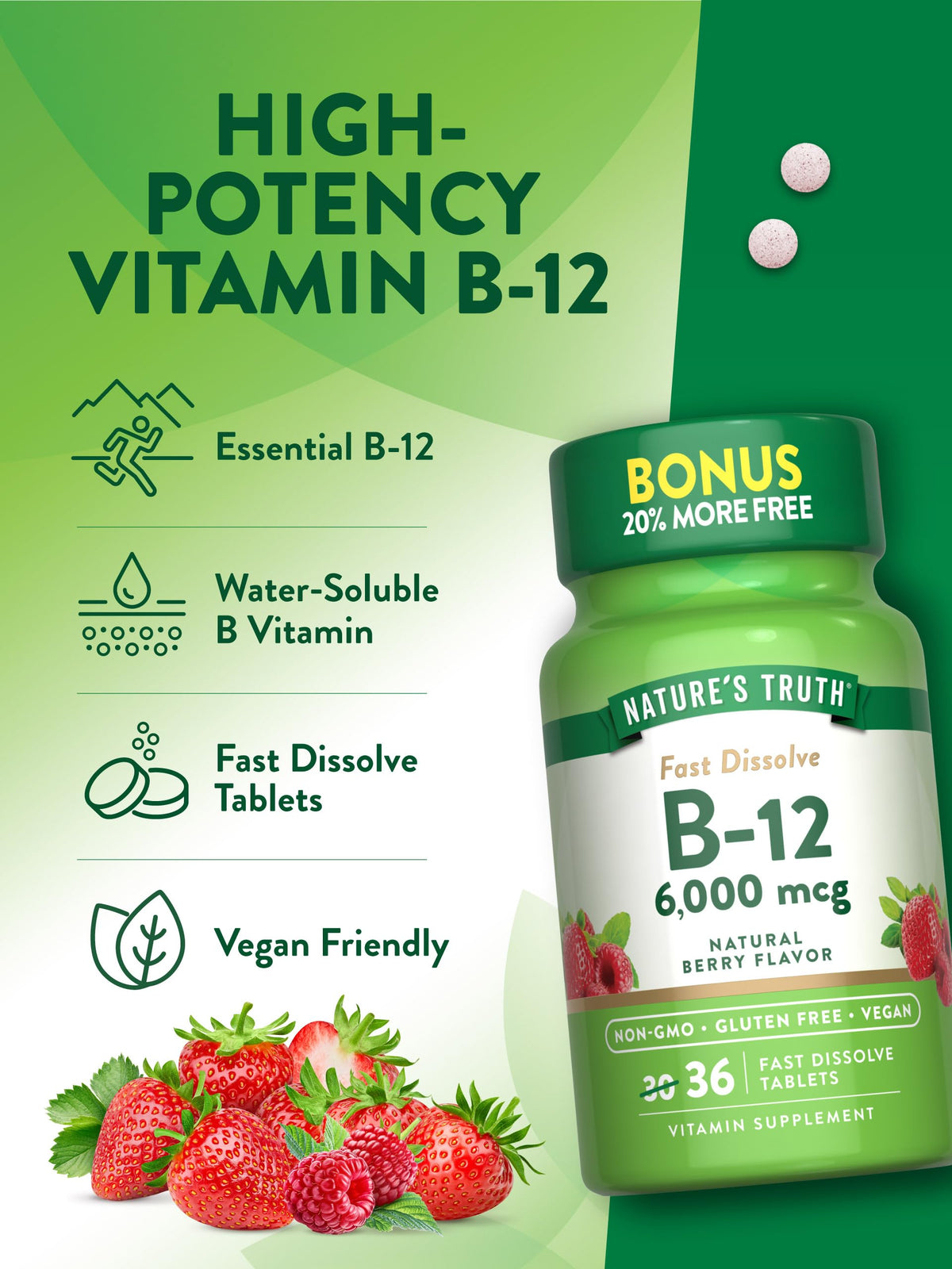 Comprimés de vitamine B12 Nature's Truth à côté d'une tasse d'eau
