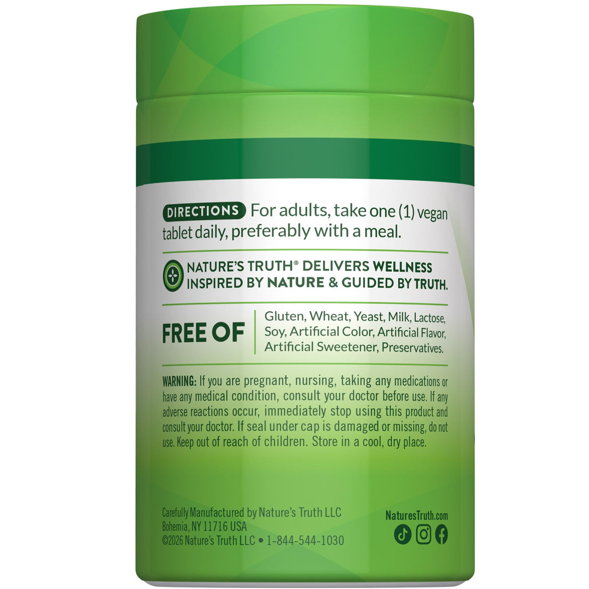 Comprimés de Vitamine B12 Nature's Truth ouverts avec informations nutritionnelles