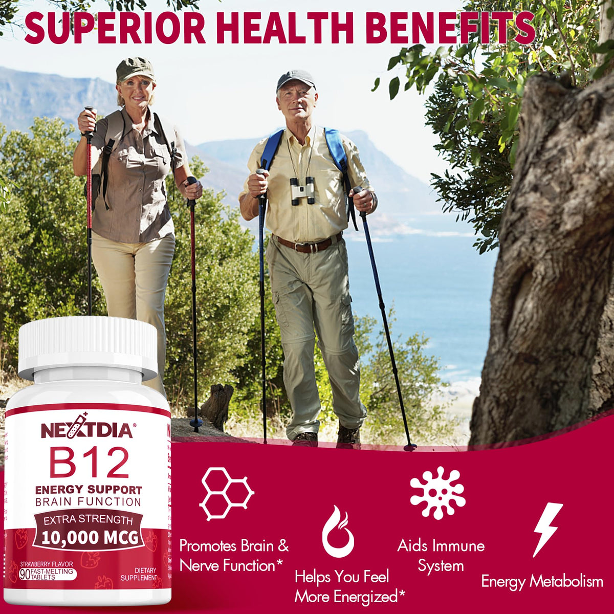 Comprimés de vitamine B12 Nextdia sur fond blanc