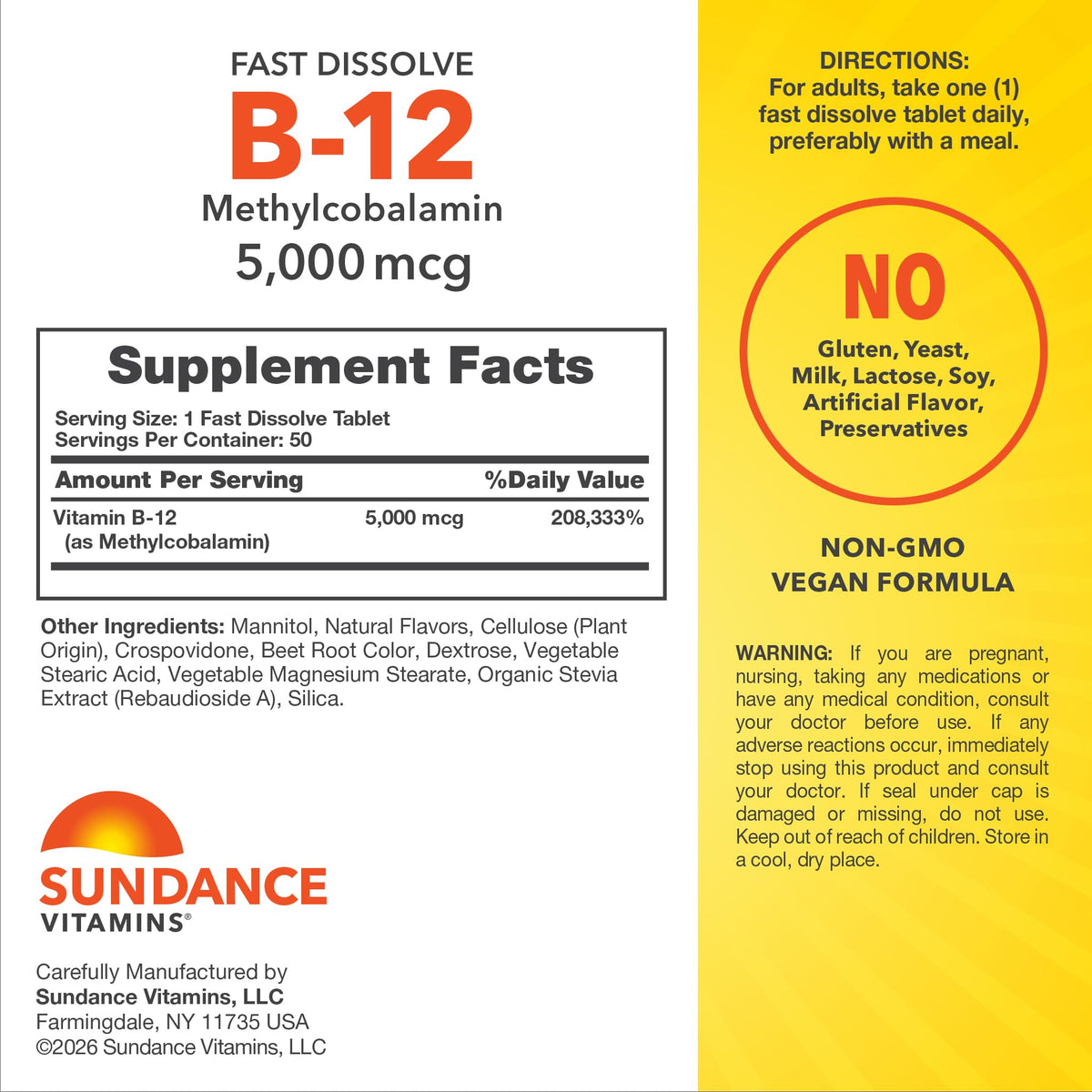 Comprimés de Vitamine B12 Sundance Dissolubles 5000 mcg avec emballage