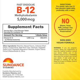 Comprimés de Vitamine B12 Sundance Dissolubles 5000 mcg avec emballage