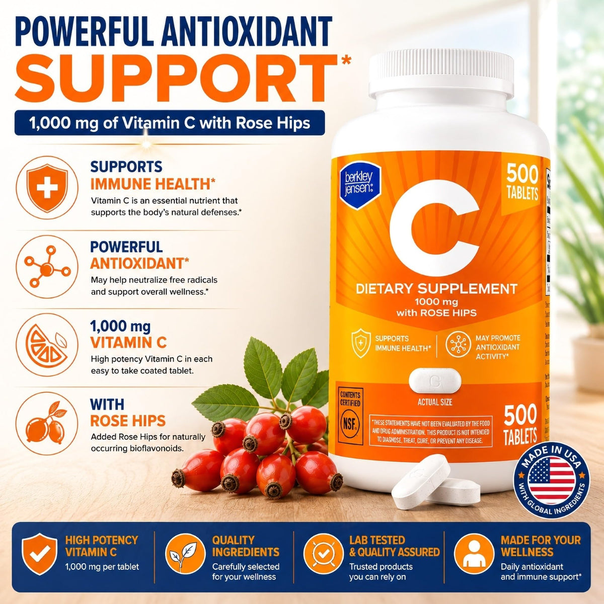 Comprimés de Vitamine C 1000mg de berkley jensen sur fond blanc
