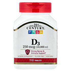 Comprimés de vitamine D3 21st Century 10 000 UI, boîte de 110 comprimés