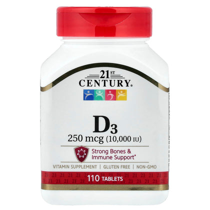 Comprimés de vitamine D3 21st Century 10 000 UI, boîte de 110 comprimés