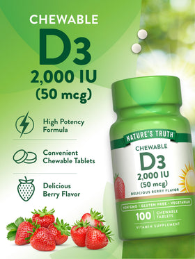 Comprimés de Vitamine D3 Nature's Truth avec des baies en arrière-plan