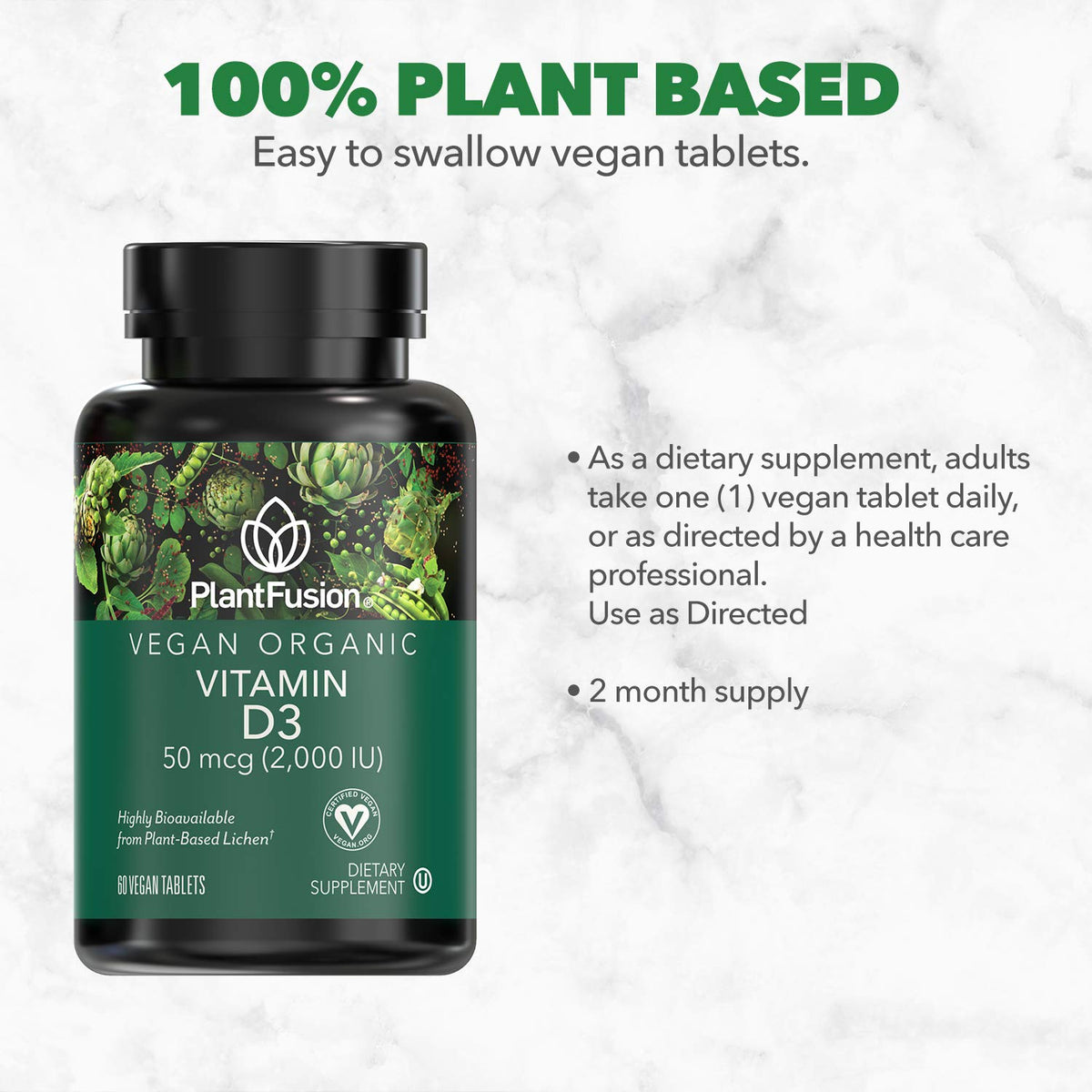 Comprimés de Vitamine D3 Végétale PlantFusion sur une table