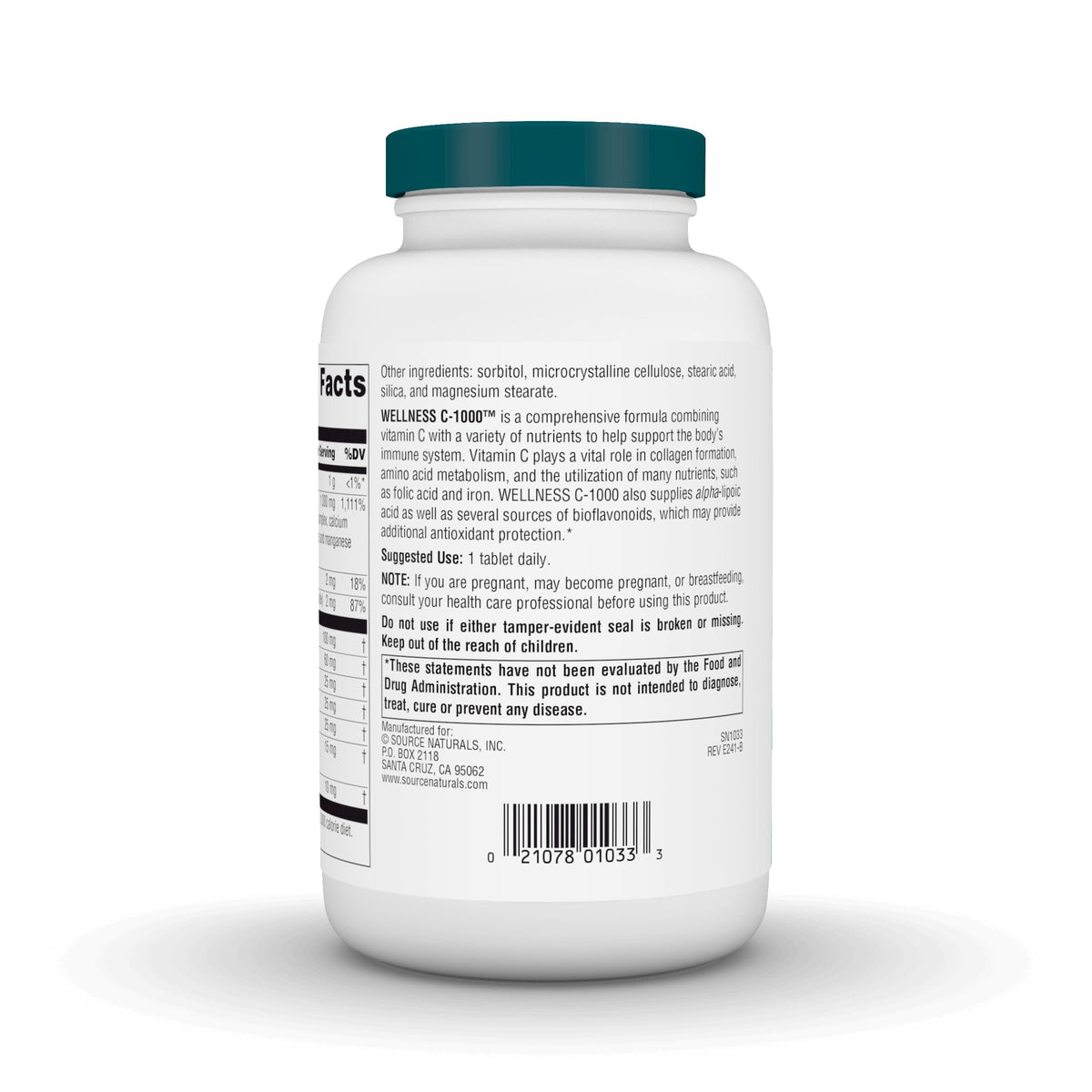 Comprimés de Wellness C-1000 de Source Naturals sur une surface blanche