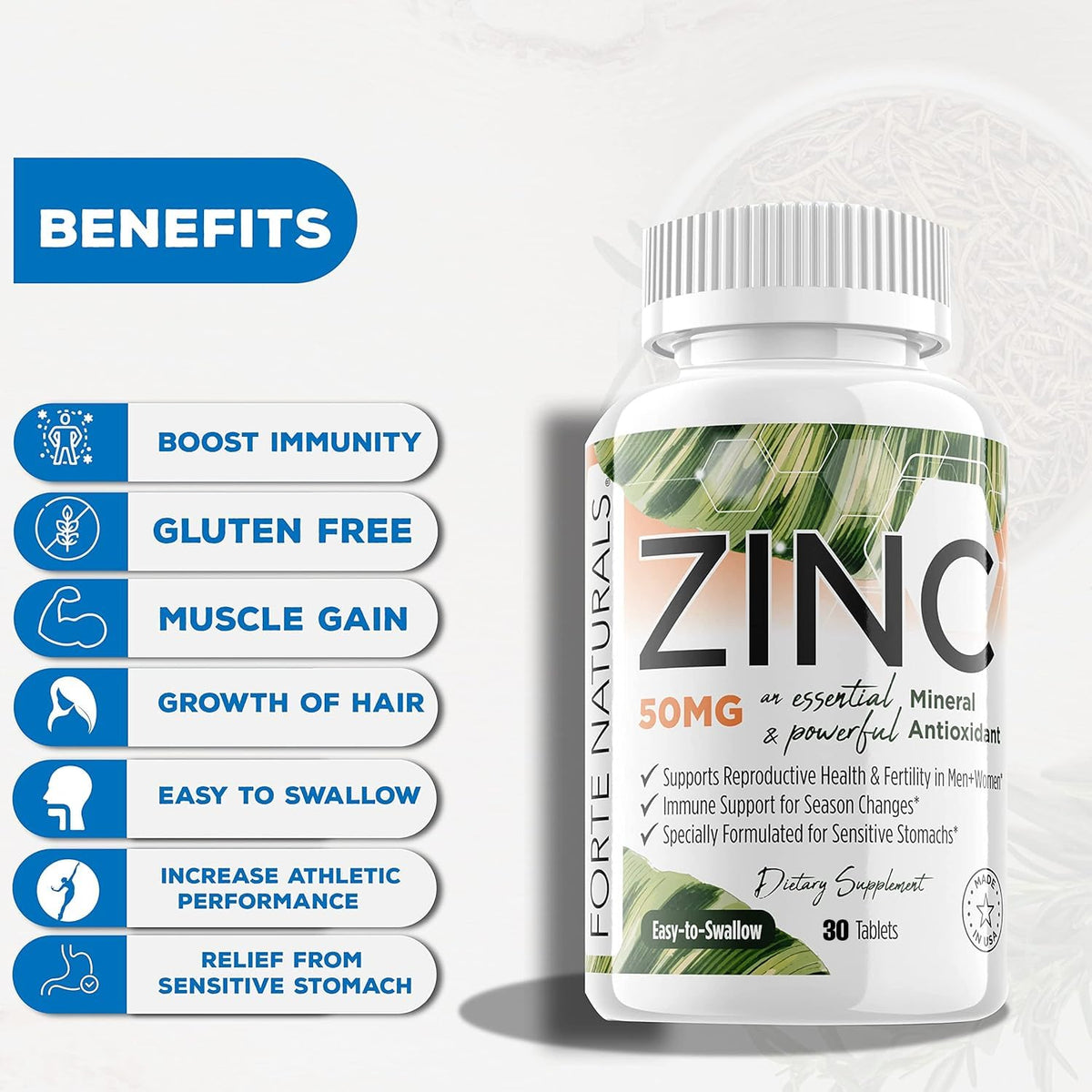 Comprimés de Zinc 50mg FORTE NATURALS sur une surface blanche