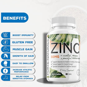 Comprimés de Zinc 50mg FORTE NATURALS sur une surface blanche