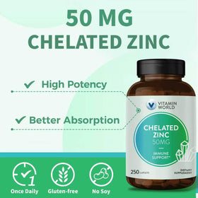 Comprimés de Zinc Chélaté Vitamin World sur une surface blanche
