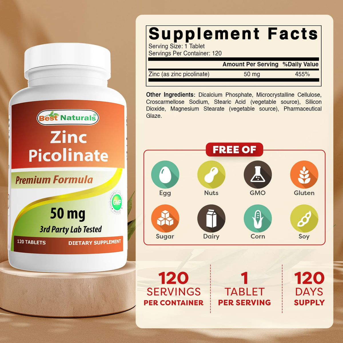 Comprimés de Zinc Picolinate de Best Naturals, vue de près