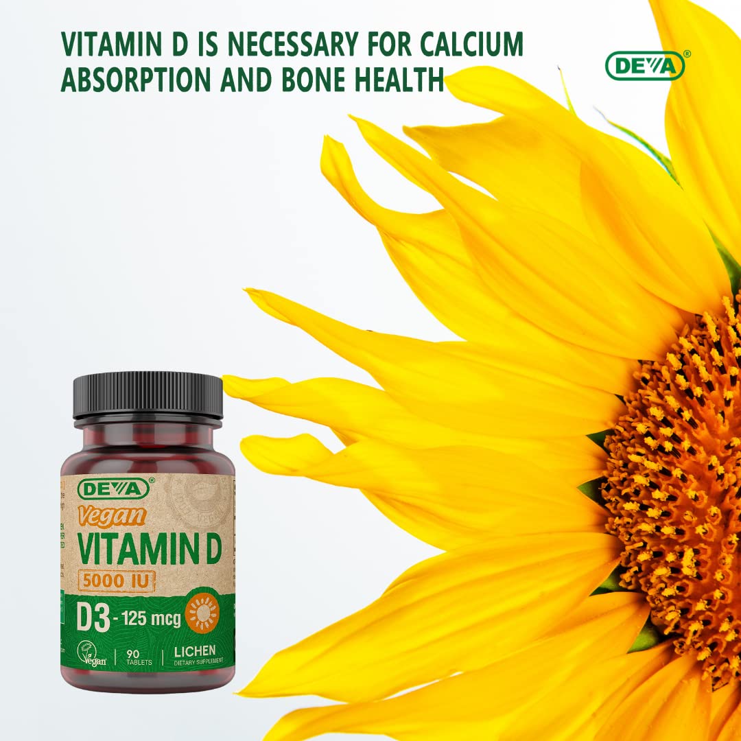 Comprimés DEVA Vitamine D3 5000 UI sur une table
