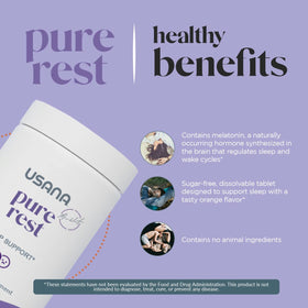 Comprimés dissolvables USANA Pure Rest sur une surface blanche