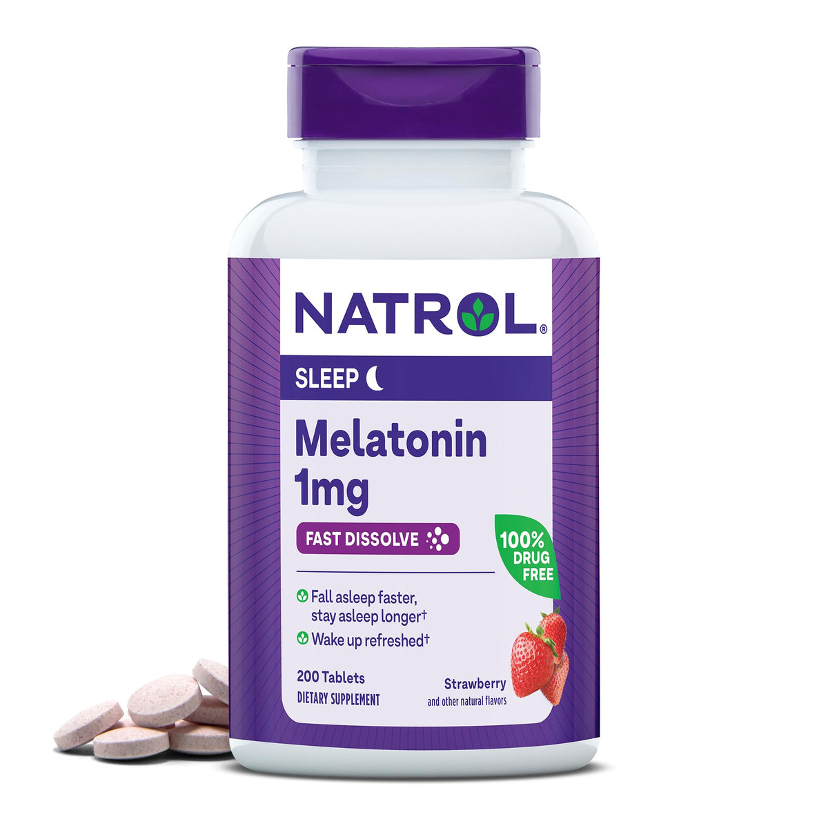 Comprimés dissolvants de mélatonine Natrol 1 mg saveur fraise, vue de face