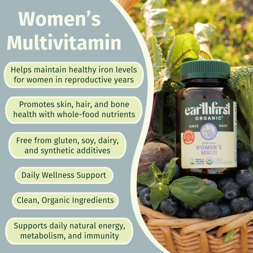 Comprimés EarthFirst Organic Multivitamine Femme Bio sur fond blanc
