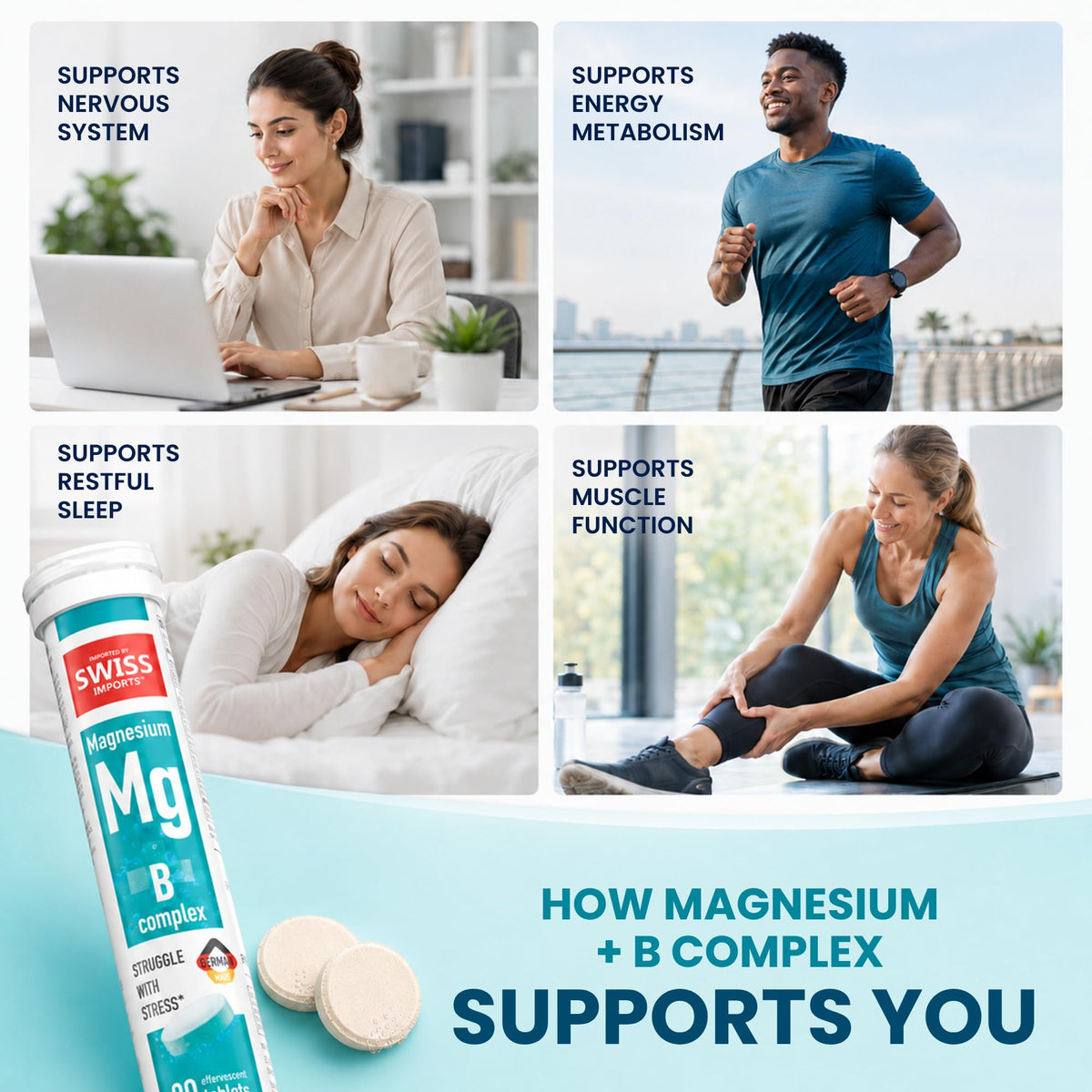 Comprimés effervescents Magnésium + B Complex dans un verre d'eau