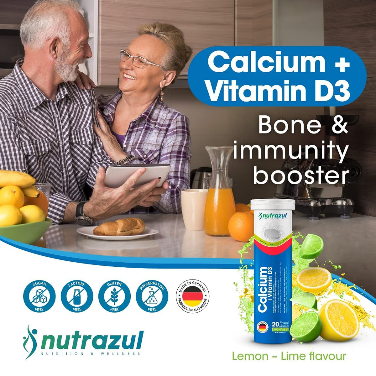 Comprimés effervescents Nutrazul Calcium + Vitamine D3 en arrière-plan avec des citrons