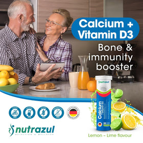 Comprimés effervescents Nutrazul Calcium + Vitamine D3 en arrière-plan avec des citrons