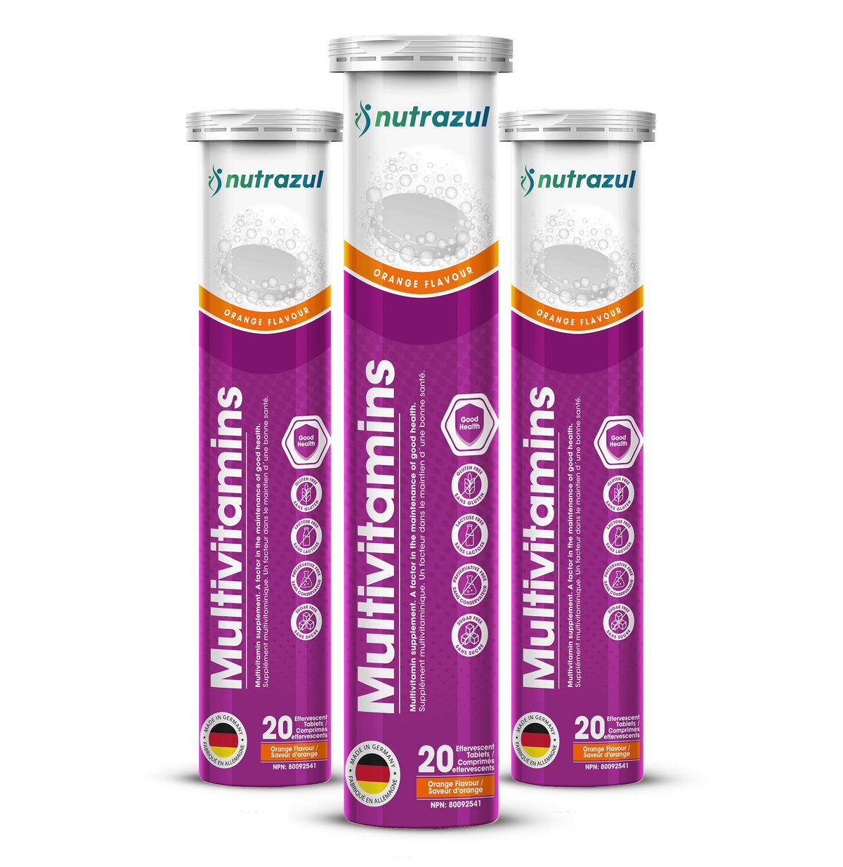Comprimés effervescents nutrazul Multivitamines Saveur Orange, boîte ouverte