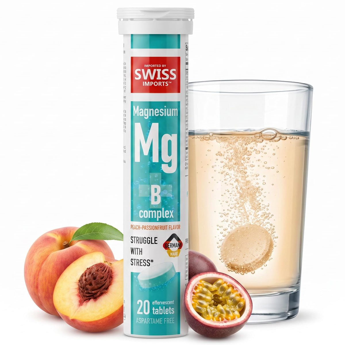Comprimés effervescents Swiss Imports Magnésium + B Complexe en boîte