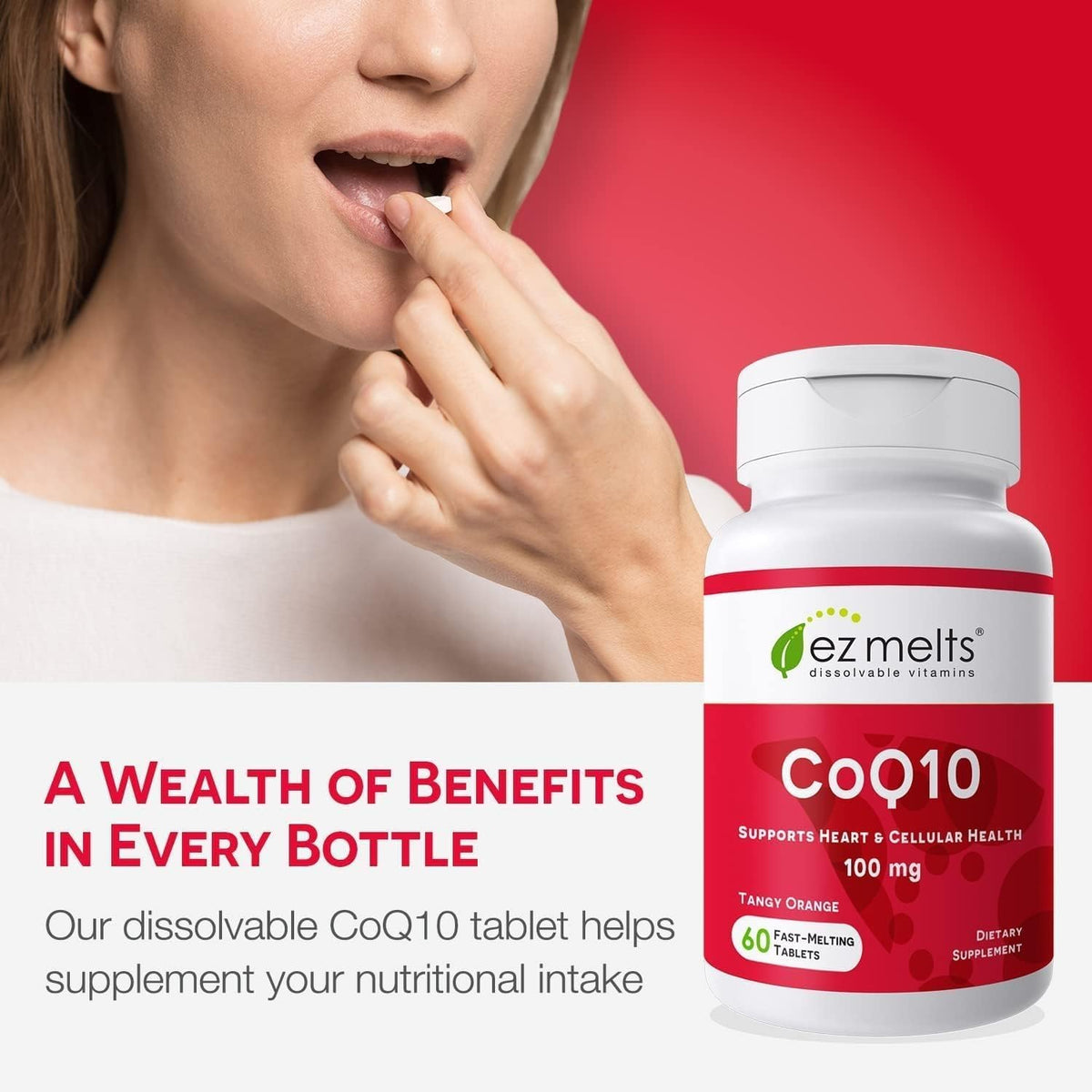 Comprimés EZ Melts CoQ10 100 mg dans une main, prêts à être consommés