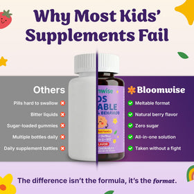Comprimés fondants Hello Bloomwise sur une table avec des fruits