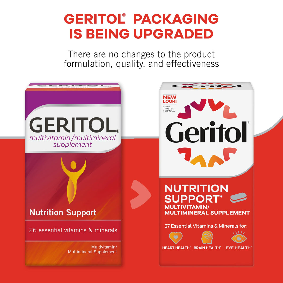 Comprimés Geritol Multivitamines ouverts pour montrer leur taille