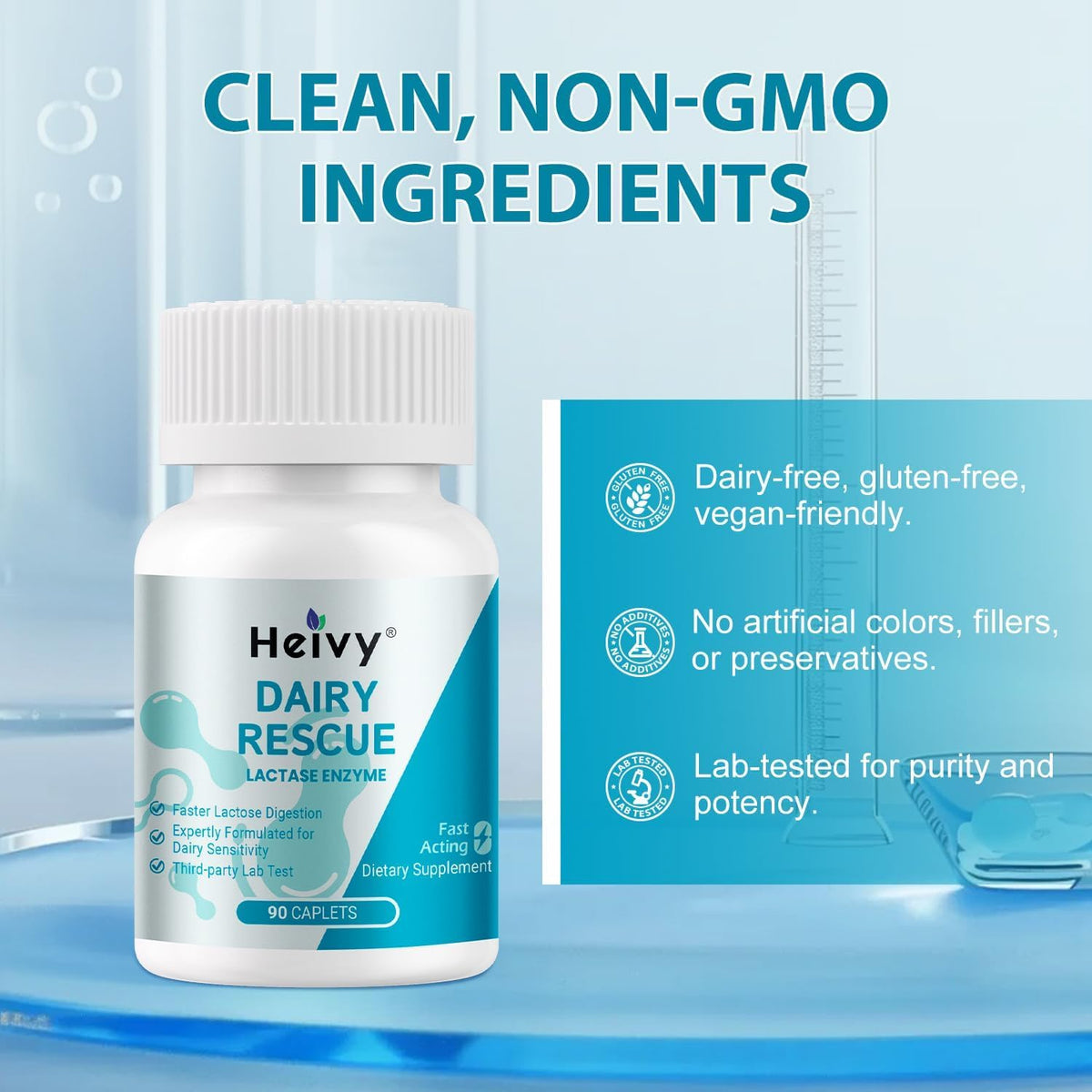 Comprimés Heivy Lactase 9000 FCC sur fond blanc