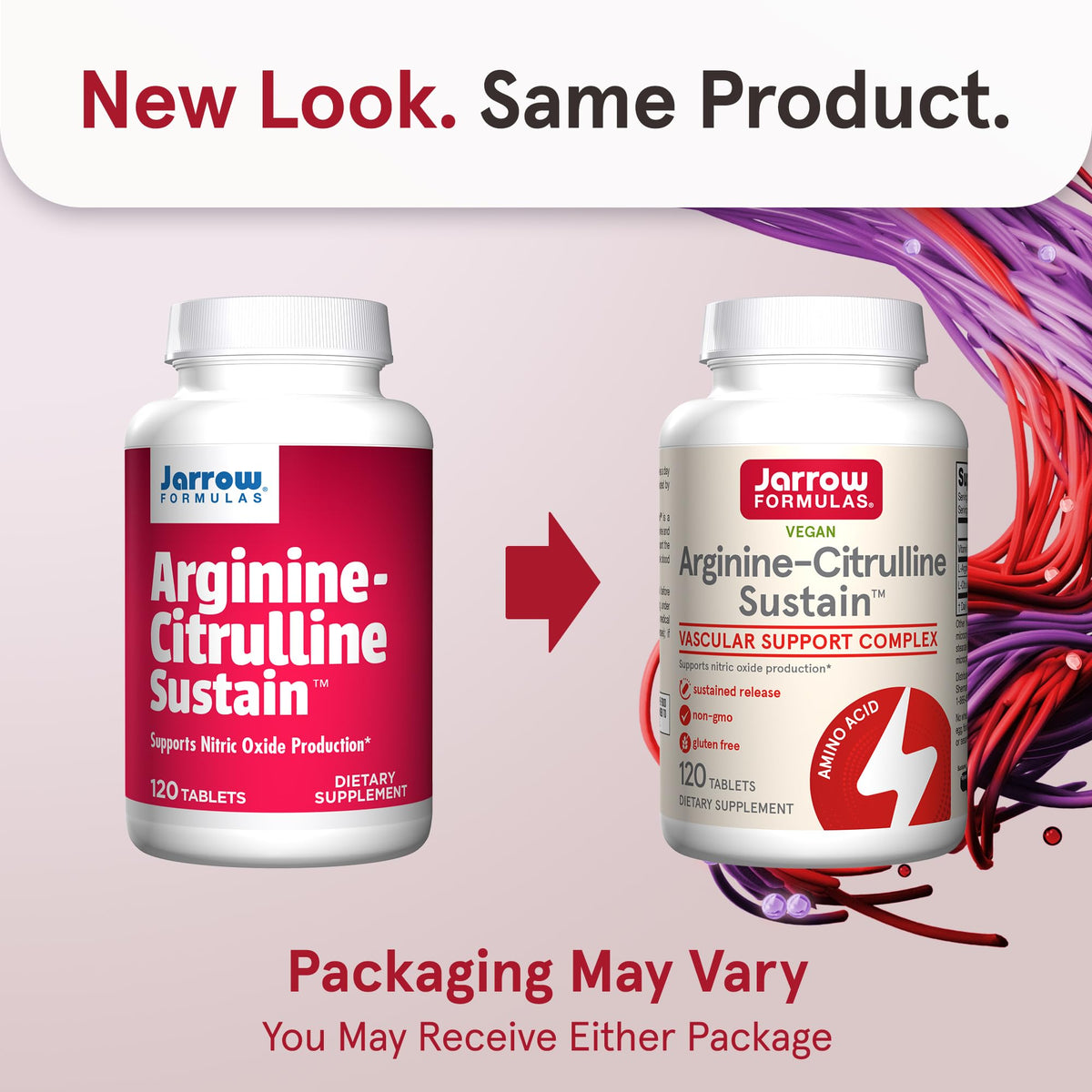 Comprimés Jarrow Formulas Arginine-Citrulline Sustain sur fond blanc