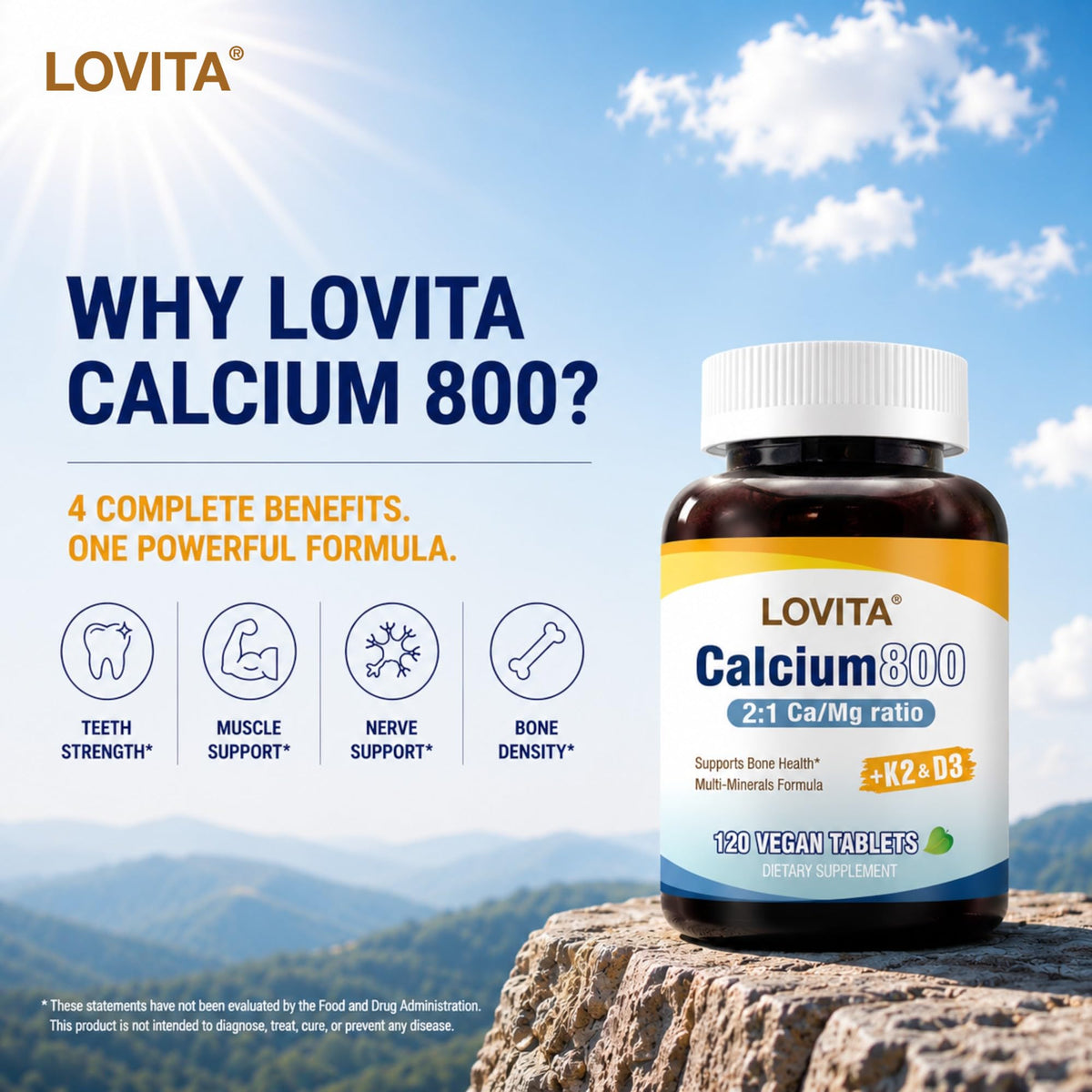 Comprimés LOVITA Calcium Citrate 800 mg sur une surface claire