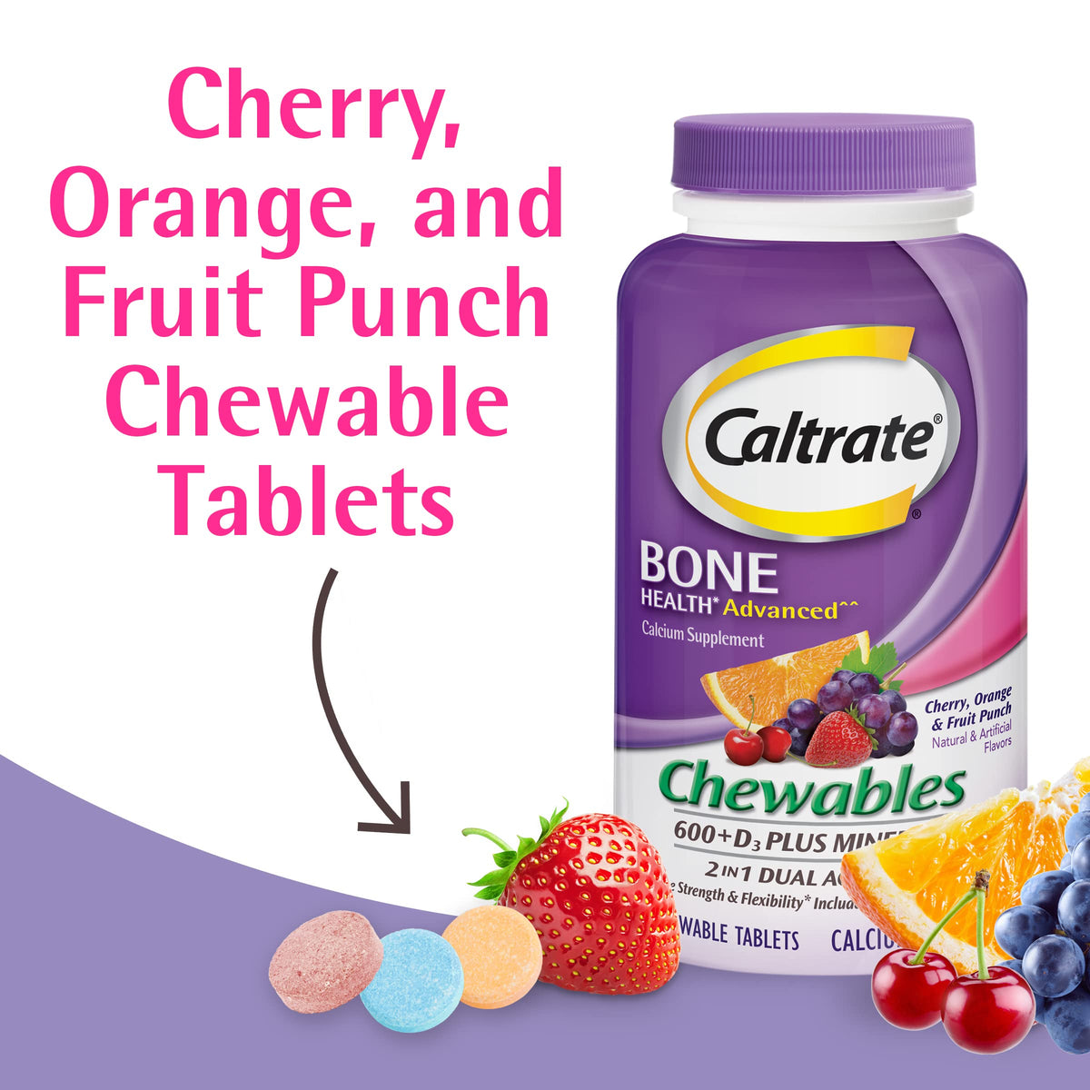 Comprimés masticables Caltrate 600+D3 en gros plan, saveurs cerise, orange et punch aux fruits