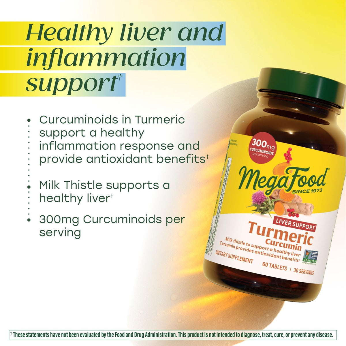 Comprimés MegaFood Curcuma + Chardon-Marie sur une table