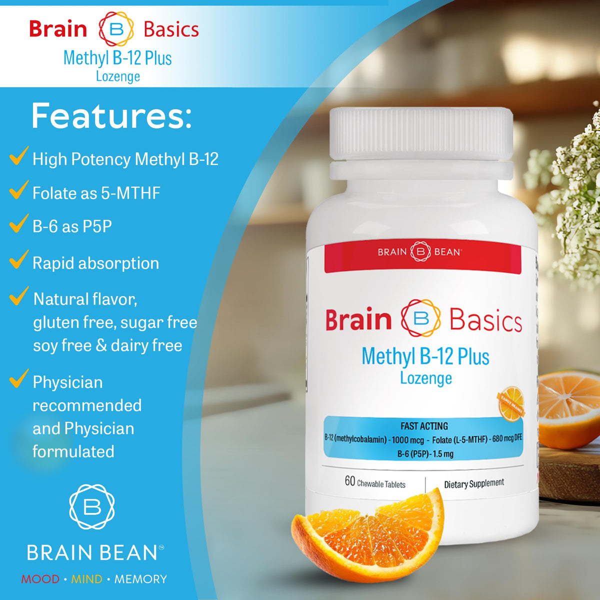 Comprimés Methyl B-12 Brain Bean sur une table en bois