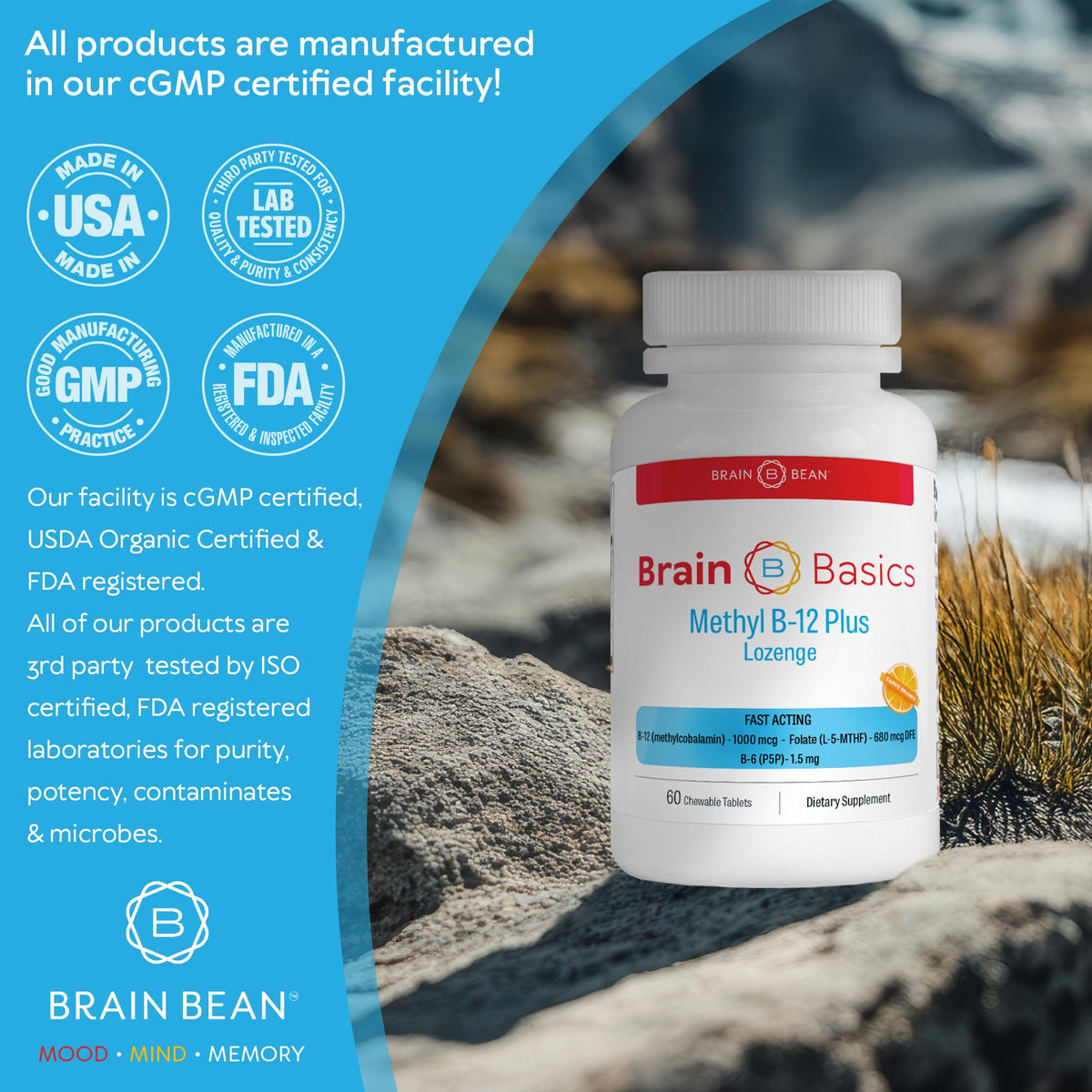 Comprimés Methyl B-12 et Folate Brain Bean avec goût orange