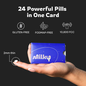 Comprimés Milky présentés sur une table avec des produits laitiers
