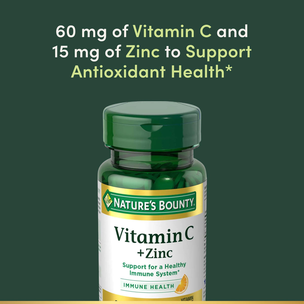 Comprimés Nature's Bounty Vitamine C + Zinc sur une surface blanche