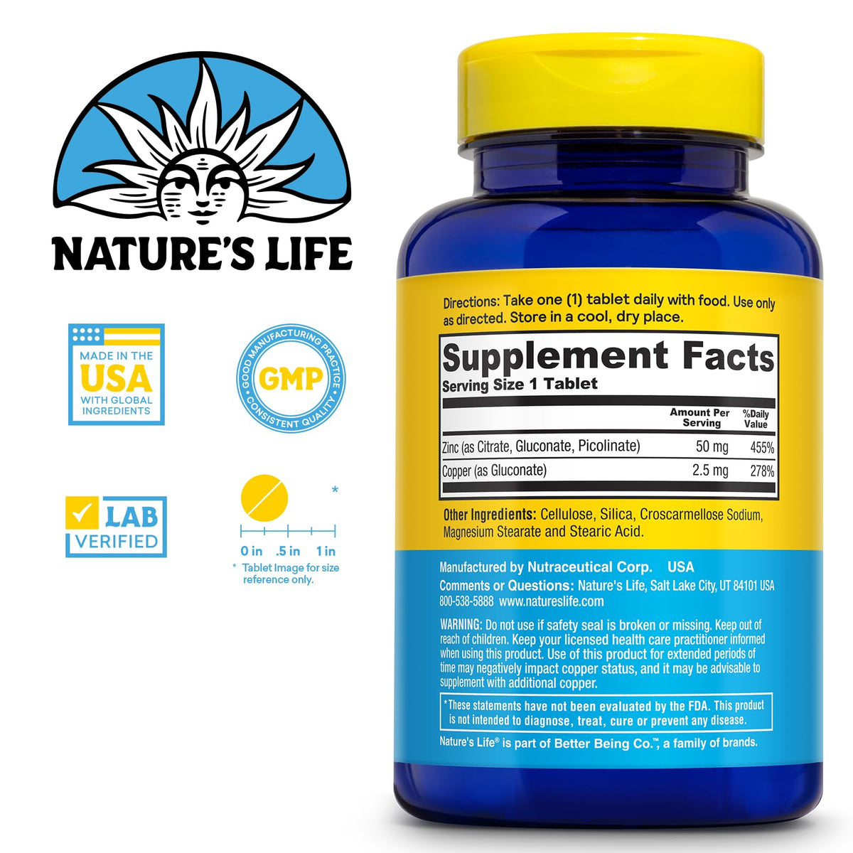 Comprimés Nature's Life Zinc Protecteur 50mg sur une surface blanche