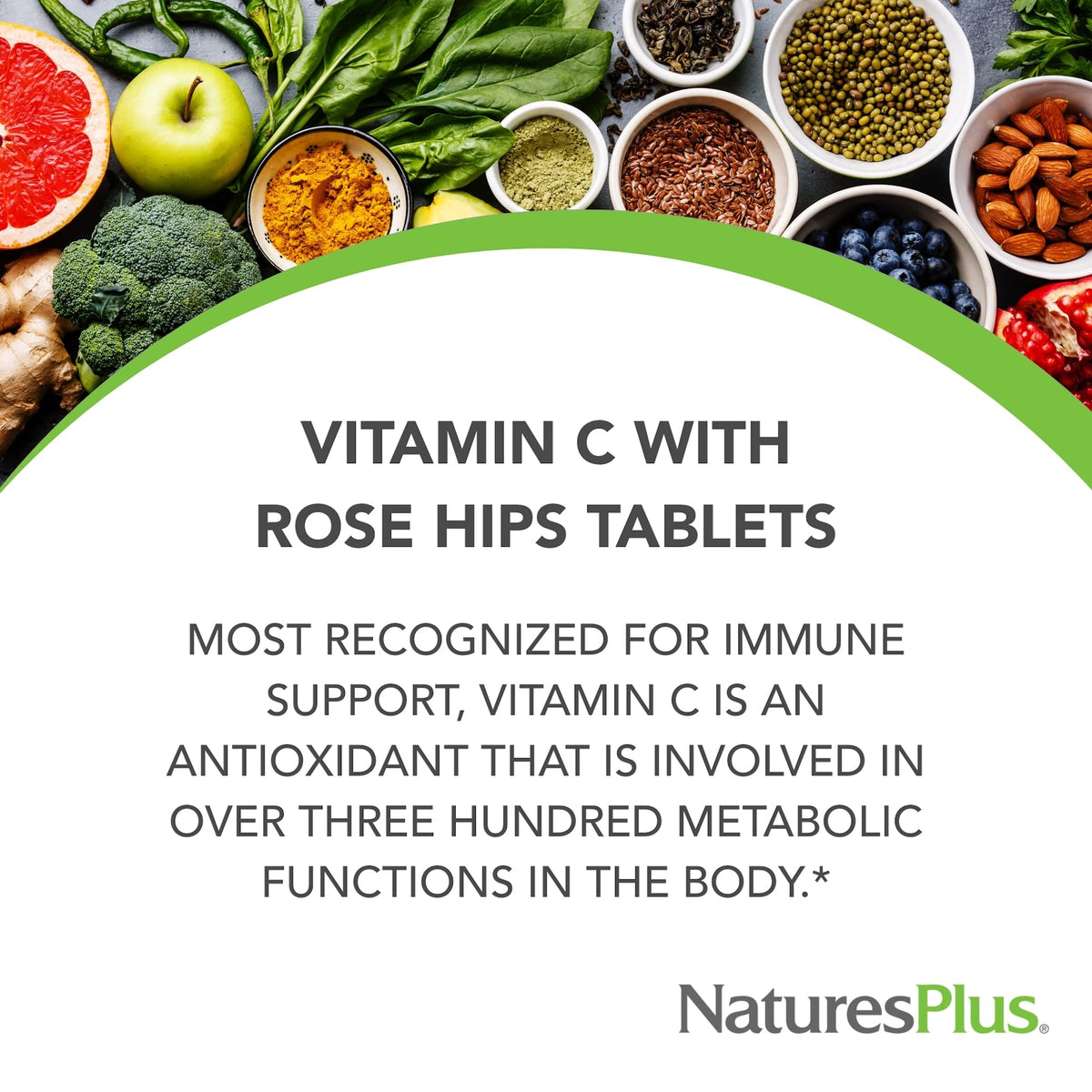 Comprimés NaturesPlus Vitamine C 1000 mg sur une table en bois